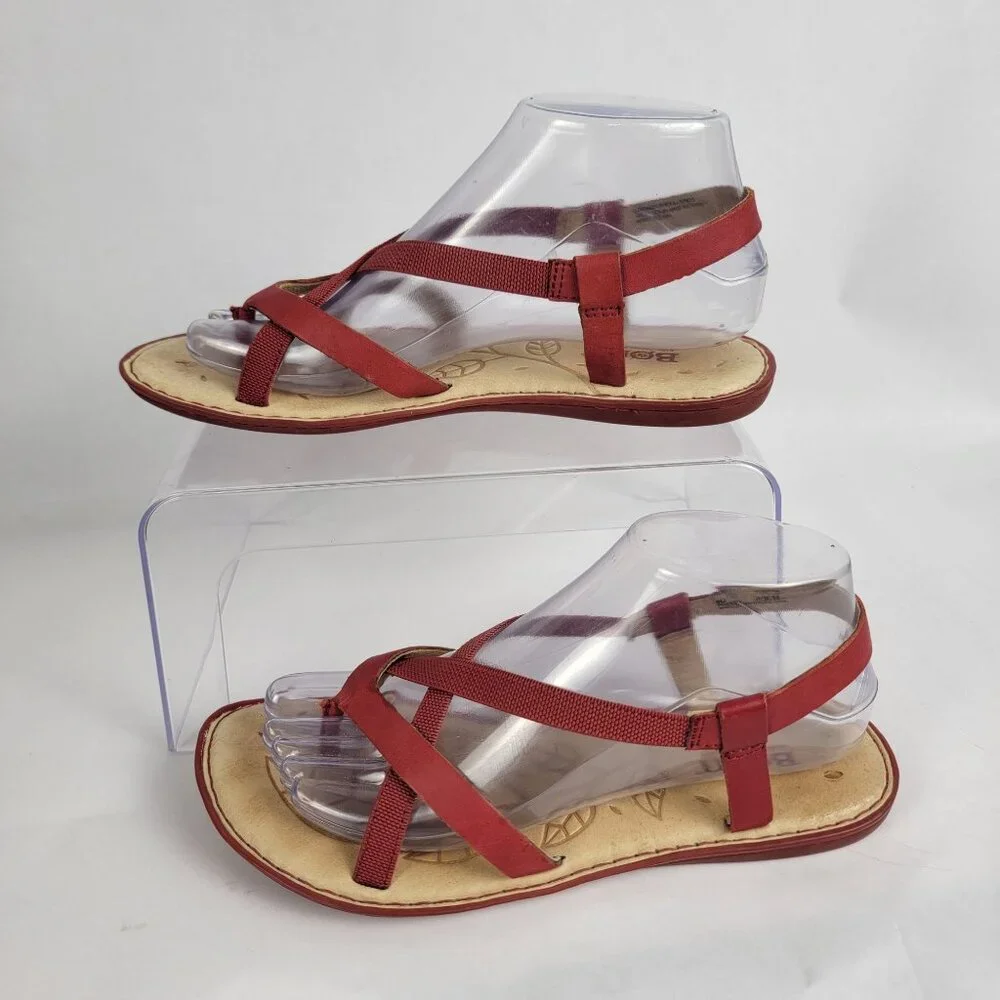 BORN Women's 8 Red Strappy Summer Sandals Flats Leather Boho Casual - Picture 2 of 12